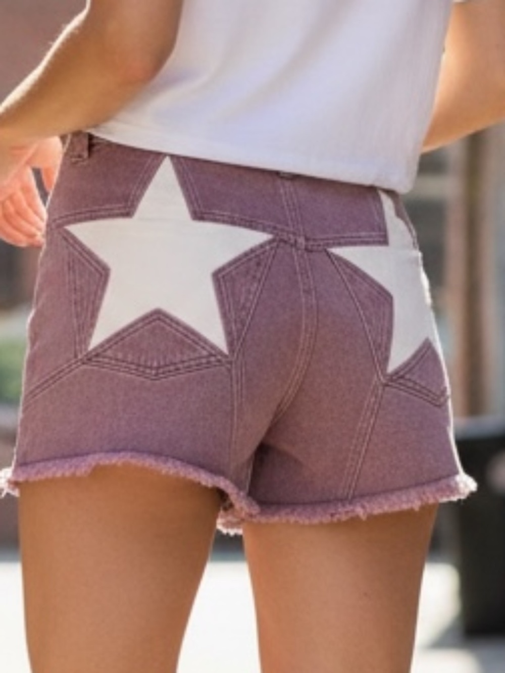 Entro All Star High Waisted Denim Shorts Mauve White Star Raw Hem - Picture 3 of 3